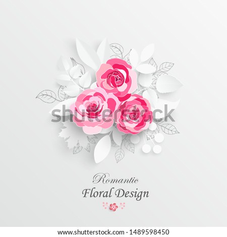 Paper flower. Red roses cut out of paper on a white background.  Wedding decorations. Decorative bridal bouquet, isolated floral design elements. Greeting card template. Vector illustration.