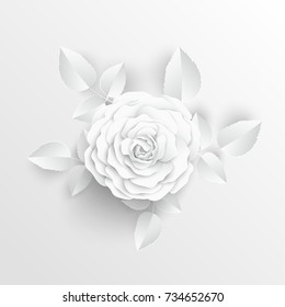 Paper flower. Paper rose. White rose. Roses cut from paper. Wedding decorations. Greeting card template, blank floral wall decor. Background. Illustration