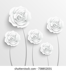 Paper flower. Paper rose. White rose. Roses cut from paper. Wedding decorations. Greeting card template, blank floral wall decor. Background. Illustration