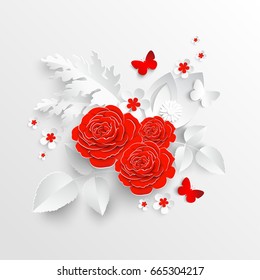 Paper flower. Roses cut from paper. Wedding decorations. Wedding lace. Greeting card template, blank floral wall decor. White rose. Background. Illustration