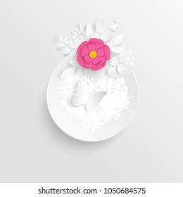 Paper flower. Round frame with abstract cut flowers. Red rose. Wedding decorations. Decorative bridal bouquet, isolated floral design elements. Greeting card template, blank floral wall decor. 