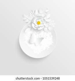 Paper flower. Round frame with abstract cut flowers. White chamomile. Wedding decorations. Decorative bridal bouquet, isolated floral design elements. Greeting card template, blank floral wall decor.
