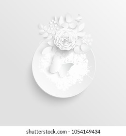Paper flower. Round frame with abstract cut flowers. White rose. Wedding decorations. Decorative bridal bouquet, isolated floral design elements. Greeting card template, blank floral wall decor.