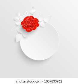 Paper flower. Round frame with abstract cut flowers. Red rose. Wedding decorations. Decorative bridal bouquet, isolated floral design elements. Greeting card template on white background.