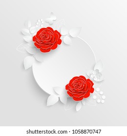 Paper flower. Round frame with abstract cut flowers. Red rose. Wedding decorations. Decorative bridal bouquet, isolated floral design elements. Greeting card template on white background.