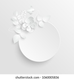 Paper flower. Round frame with abstract cut flowers. White rose. Wedding decorations. Decorative bridal bouquet, isolated floral design elements. Greeting card template on white background. Vector 