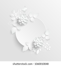 Paper flower. Round frame with abstract cut flowers. White lotus. Wedding decorations. Decorative bridal bouquet, isolated floral design elements. Greeting card template on white background.