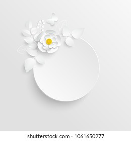 Paper flower. Round frame with abstract cut flowers. White chamomile. Wedding decorations. Decorative bridal bouquet, isolated floral design elements. Greeting card template, blank floral wall decor.