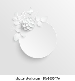 Paper flower. Round frame with abstract cut flowers. White lotus. Wedding decorations. Decorative bridal bouquet, isolated floral design elements. Greeting card template on white background.
