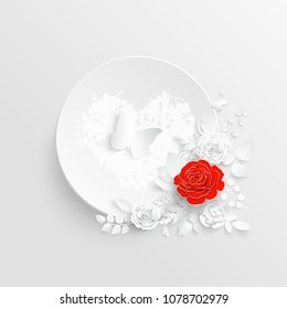 Paper flower. Round frame with abstract cut flowers. White and red rose. A heart. Decorative bridal bouquet, isolated floral design elements. Greeting card template on white background.