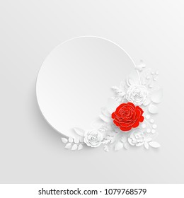 Paper flower. Round frame with abstract cut flowers. White and red rose. A heart. Decorative bridal bouquet, isolated floral design elements. Greeting card template on white background.