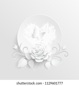 Paper flower. Round frame with abstract cut flowers. White rose. Wedding decorations. Decorative bridal bouquet, isolated floral design elements. Greeting card template, blank floral wall decor Vector