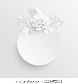 Paper flower. Round frame with abstract cut flowers. White rose. Wedding decorations. Decorative bridal bouquet, isolated floral design elements. Greeting card template, blank floral wall decor Vector