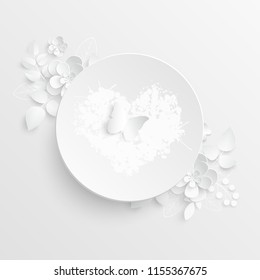 Paper flower. Round frame with abstract cut flowers. White rose. Wedding decorations. Decorative bridal bouquet. Vector illustration. Greeting card template, blank floral wall decor.