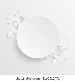 Paper flower. Round frame with abstract cut flowers. White rose. Wedding decorations. Decorative bridal bouquet. Vector illustration. Greeting card template, blank floral wall decor.