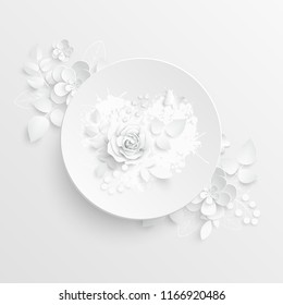 Paper flower. Round frame with abstract cut flowers. White rose. Wedding decorations. Decorative bridal bouquet. Vector illustration. Greeting card template, blank floral wall decor. A heart. 