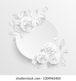 Paper flower. Round frame with abstract cut flowers. White rose. Wedding decorations. Decorative bridal bouquet. Vector illustration. Greeting card template, blank floral wall decor.