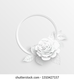 Paper flower. Round frame with abstract cut flowers. White rose. Wedding decorations. Decorative bridal bouquet. Vector illustration. Greeting card template, blank floral wall decor.