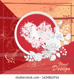 Paper flower. Round frame with abstract cut flowers. White rose. Wedding decorations. Decorative bridal bouquet. Greeting card template on a bright, colorful, geometric background.Vector illustration
