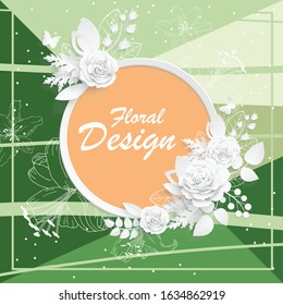 Paper flower. Round frame with abstract cut flowers. White rose. Wedding decorations. Decorative bridal bouquet. Greeting card template on a bright, colorful, geometric background.Vector illustration