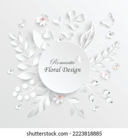 Paper flower. Round frame with abstract cut flowers. White rose. Wedding decorations. Decorative bridal bouquet. Vector illustration. Greeting card template, blank floral wall decor.