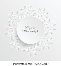 Paper flower. Round frame with abstract cut flowers. White rose. Wedding decorations. Decorative bridal bouquet. Vector illustration. Greeting card template, blank floral wall decor.