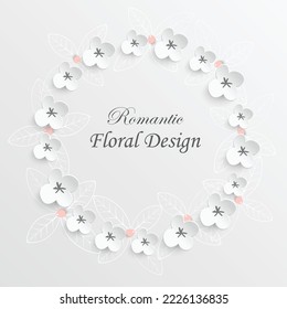 Flor de papel. Marco redondo con flores cortadas abstractas. Rosa blanca. Decoración de bodas. El buquet de novias decorativo. Ilustración vectorial. Plantilla de tarjeta de felicitación, decoración de pared floral en blanco.