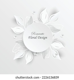 Paper flower. Round frame with abstract cut flowers. White rose. Wedding decorations. Decorative bridal bouquet. Vector illustration. Greeting card template, blank floral wall decor.