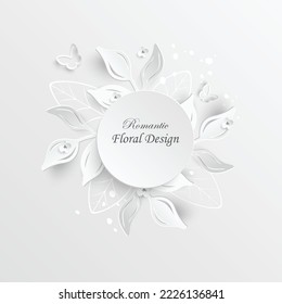Flor de papel. Marco redondo con flores cortadas abstractas. Rosa blanca. Decoración de bodas. El buquet de novias decorativo. Ilustración vectorial. Plantilla de tarjeta de felicitación, decoración de pared floral en blanco.
