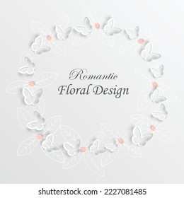 Flor de papel. Marco redondo con flores cortadas abstractas. Rosa blanca, mariposa. Decoración de bodas. El buquet de novias decorativo. Ilustración vectorial. Plantilla de tarjeta de felicitación, decoración de pared floral en blanco.