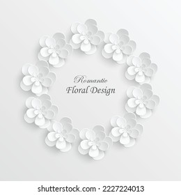 Paper flower. Round frame with abstract cut flowers. White rose. Wedding decorations. Decorative bridal bouquet. Vector illustration. Greeting card template, blank floral wall decor.