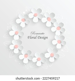 Flor de papel. Marco redondo con flores cortadas abstractas. Rosa blanca. Decoración de bodas. El buquet de novias decorativo. Ilustración vectorial. Plantilla de tarjeta de felicitación, decoración de pared floral en blanco.