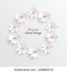 Flor de papel. Marco redondo con flores cortadas abstractas. Sakura. Decoración de bodas. Flores blancas y rosas cortadas de papel. Ilustración vectorial. Plantilla de tarjeta de felicitación, decoración de pared floral en blanco.
