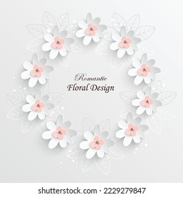 Flor de papel. Marco redondo con flores cortadas abstractas. Sakura. Decoración de bodas. Flores blancas y rosas cortadas de papel. Ilustración vectorial. Plantilla de tarjeta de felicitación, decoración de pared floral en blanco.