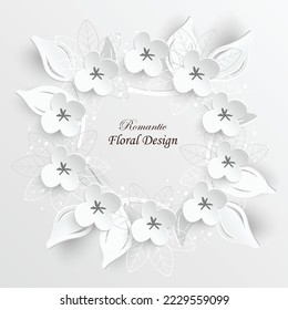 Flor de papel. Marco redondo con flores cortadas abstractas. Rosa blanca. Decoración de bodas. El buquet de novias decorativo. Ilustración vectorial. Plantilla de tarjeta de felicitación, decoración de pared floral en blanco.
