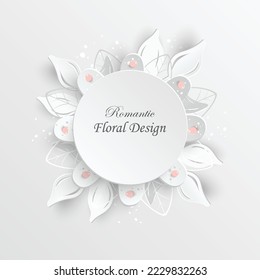 Flor de papel. Marco redondo con flores cortadas abstractas. Rosa blanca. Decoración de bodas. El buquet de novias decorativo. Ilustración vectorial. Plantilla de tarjeta de felicitación, decoración de pared floral en blanco.