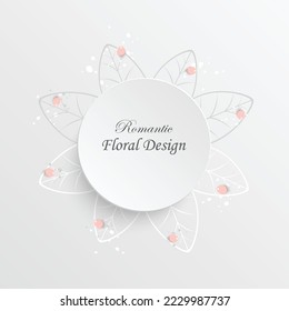 Flor de papel. Marco redondo con flores cortadas abstractas. Rosa blanca. Decoración de bodas. El buquet de novias decorativo. Ilustración vectorial. Plantilla de tarjeta de felicitación, decoración de pared floral en blanco.