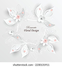Flor de papel. Marco redondo con flores cortadas abstractas. Sakura. Decoración de bodas. Flores blancas y rosas cortadas de papel. Ilustración vectorial. Plantilla de tarjeta de felicitación, decoración de pared floral en blanco.
