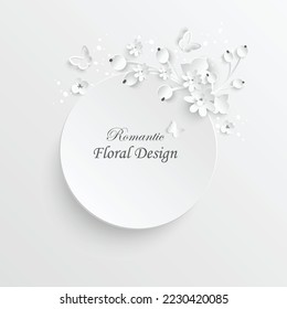 Paper flower. Round frame with abstract cut flowers. White rose. Wedding decorations. Decorative bridal bouquet. Vector illustration. Greeting card template, blank floral wall decor.