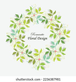 Paper flower. Round frame with abstract cut flowers and leaves. Wedding decorations. Decorative bridal bouquet. Vector illustration. Greeting card template, blank floral wall decor.