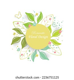 Paper flower. Round frame with abstract cut flowers and leaves. Wedding decorations. Decorative bridal bouquet. Vector illustration. Greeting card template, blank floral wall decor.