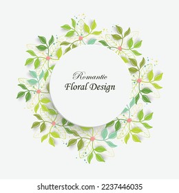 Paper flower. Round frame with abstract cut flowers and leaves. Wedding decorations. Decorative bridal bouquet. Vector illustration. Greeting card template, blank floral wall decor.