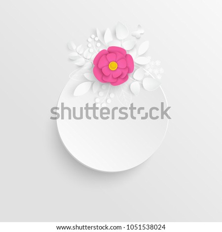 Paper flower. Round frame with abstract cut flowers. Red rose. Wedding decorations. Decorative bridal bouquet, isolated floral design elements. Greeting card template, blank floral wall decor.