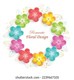 Paper flower. Round frame with bright, colorful cut flowers and leaves. Wedding decorations. Decorative bridal bouquet. Vector illustration. Greeting card template, blank floral wall decor.