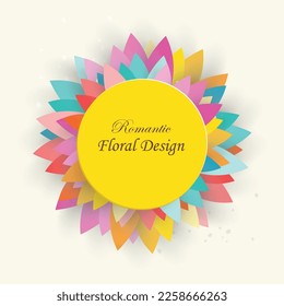 Flor de papel. Marco redondo con flores cortadas y hojas brillantes y coloridas. Decoración de bodas. El buquet de novias decorativo. Ilustración vectorial. Plantilla de tarjeta de felicitación, decoración de pared floral en blanco.