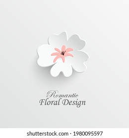 Paper flower. Sakura. Flowers in delicate, pastel colors on a white background. Butterfly.  White and pink flowers cut out of paper. Wedding decorations. Greeting card template. Vector illustration. 