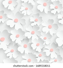 Flor de papel. Patrón sin fisuras Sakura. Sakura sobre fondo blanco. Las flores están cortadas de papel. Textura sin fisuras en colores suaves.Decoración de bodas.Plantilla de tarjeta de felicitación. Ilustración vectorial.