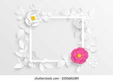 Paper flower. Square frame with abstract cut flowers. White rose. Wedding decorations. Decorative bridal bouquet, isolated floral design elements. Greeting card template, blank floral wall decor. 