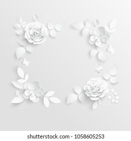 Paper flower. Square frame with abstract cut flowers. White rose. Wedding decorations. Decorative bridal bouquet, isolated floral design elements. Greeting card template, blank floral wall decor. 