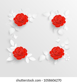 Paper flower. Square frame with abstract cut flowers. Red rose. Wedding decorations. Decorative bridal bouquet, isolated floral design elements. Greeting card template, blank floral wall decor. 